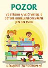POZOR ve středu a ve čtvrtek bude DĚTSKÉ oddělení otevřené pouze do 15:00. Děkujeme za pochopení.